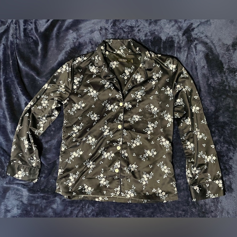 S Ralph Lauren Navy blue floral satin feel button down sleep top